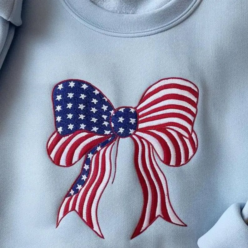 Coquette Usa Embroidered Sweatshirt, USA Flag Bow Crewneck