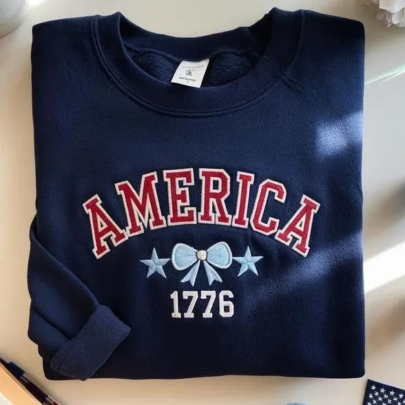 Embroidered Coquette Bow 1776 Sweatshirt | Cute Americana Independence Day, 4th of July Top | Patriotic Cute Top | 4th-Of-July Tee
