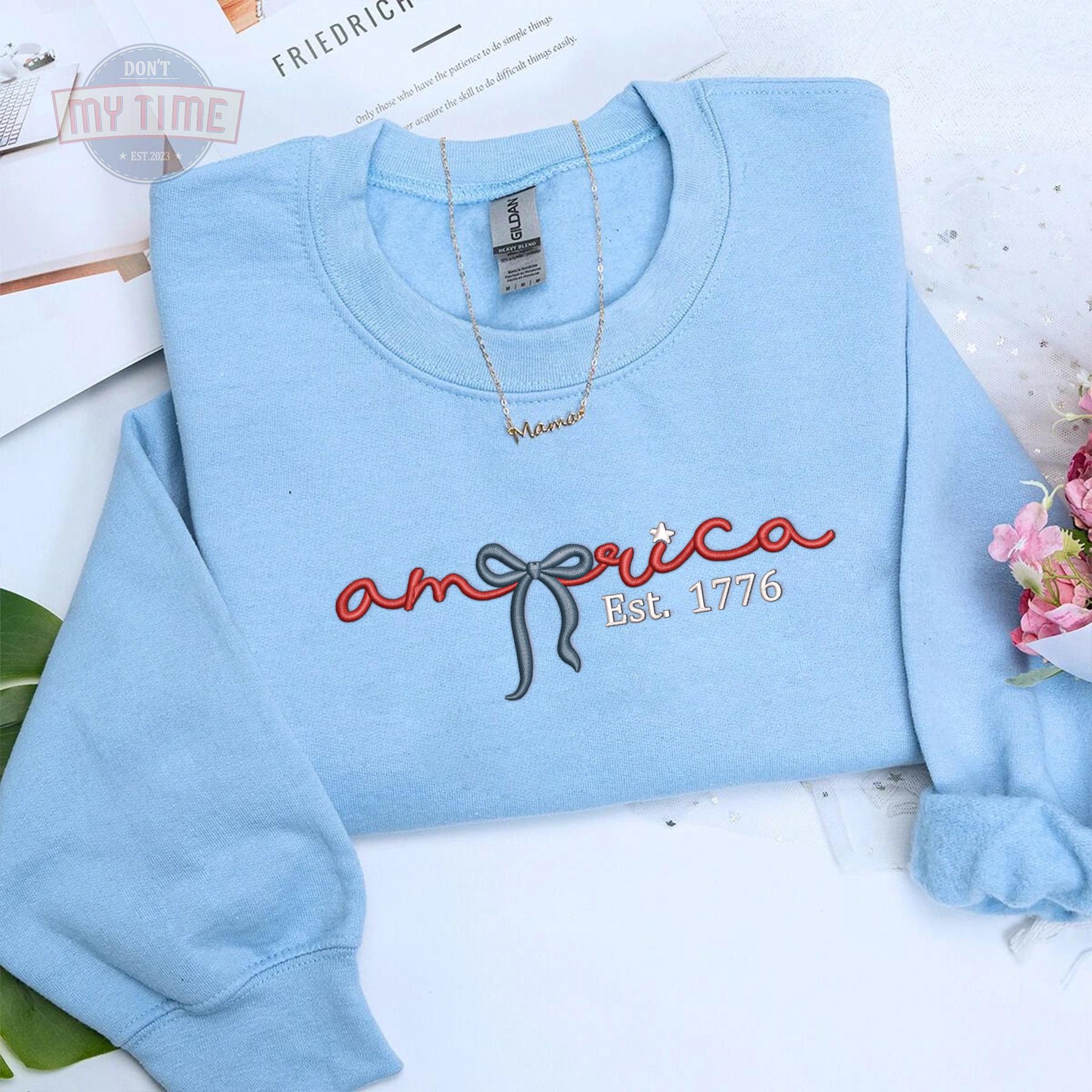 America Coquette Bow Embroidered Sweatshirt, Ribbon Embroidered USA Tee, Since 1776 Coquette Style Embroidered Tee, USA shirt