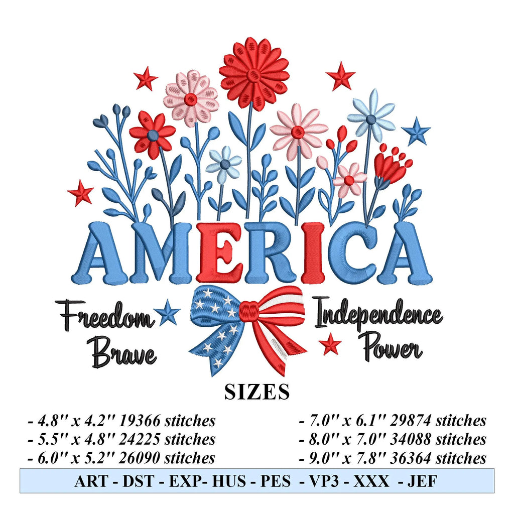 America Floral Embroidery Design, Patriotic Wildflower 4th of July Embroidery File, Independence Day Embroidery File Patriotic