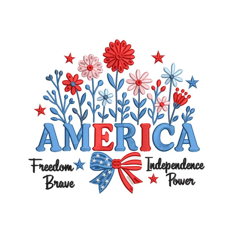 America Floral Embroidery Design, Patriotic Wildflower 4th of July Embroidery File, Independence Day Embroidery File Patriotic
