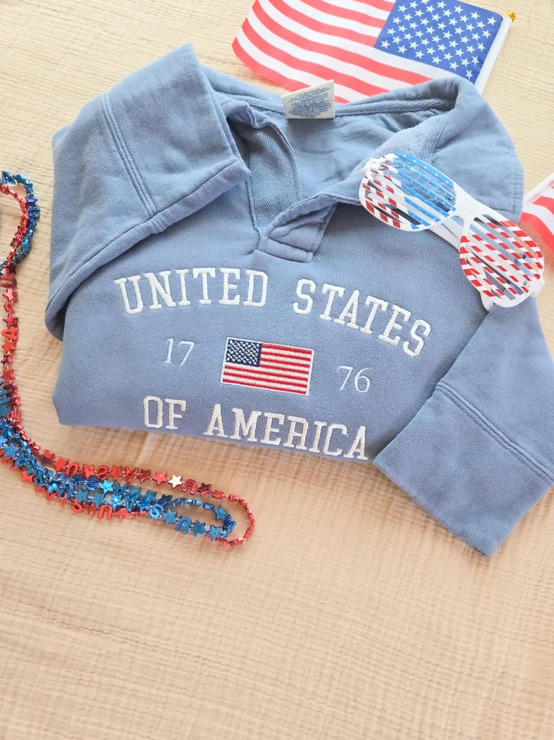 American Flag Embroidered Collared Sweatshirt-Patriotic Sweater-United States of America-4th of July-Red White and Blue
