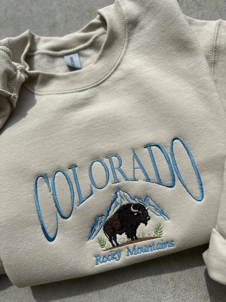 Colorado Bison Embroidered Sweatshirt, Colorado Mountain Embroidered Sweatshirt