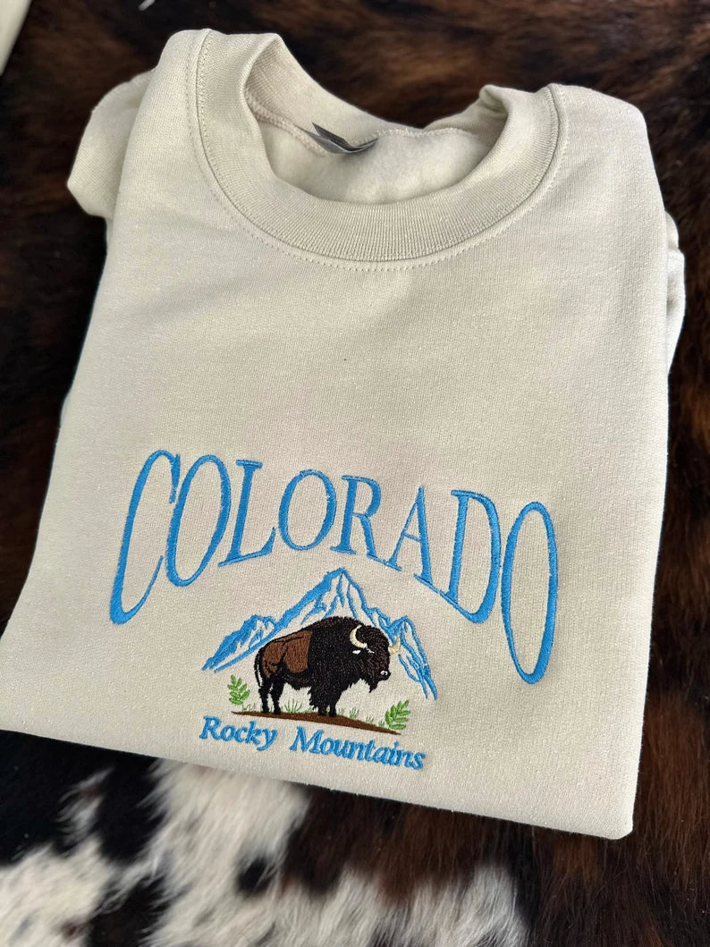 Colorado Bison Embroidered Sweatshirt, Colorado Mountain Embroidered Sweatshirt