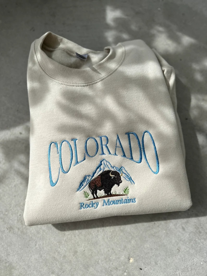 Colorado Bison Embroidered Sweatshirt, Colorado Mountain Embroidered Sweatshirt