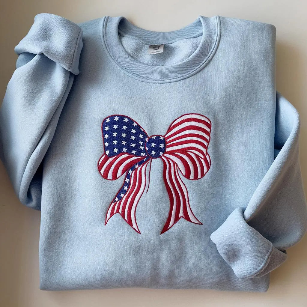 Coquette Usa Embroidered Sweatshirt, USA Flag Bow Crewneck