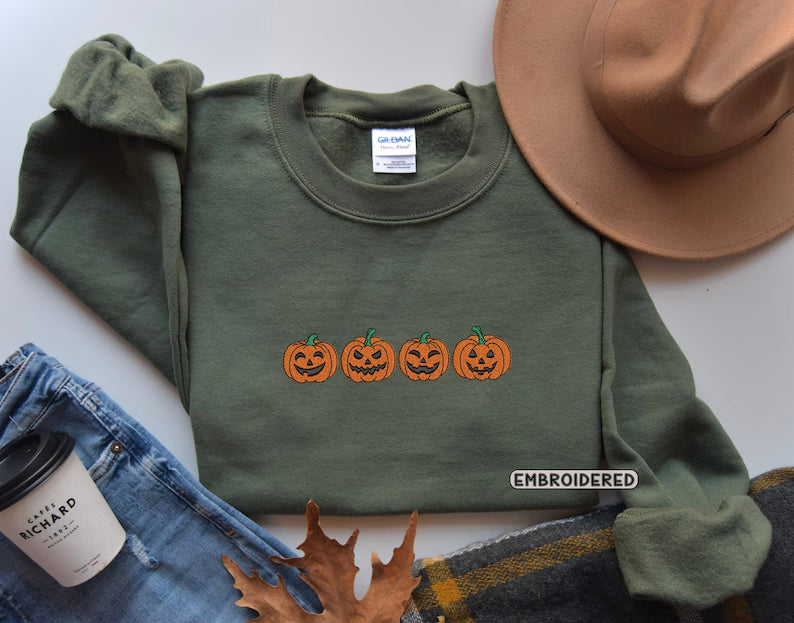 Embroidered Pumpkin Sweatshirt, Embroidered Fall Sweatshirt,Jack-o-Lantern Sweatshirt, Halloween Embroidered Sweatshirt, Spooky Season
