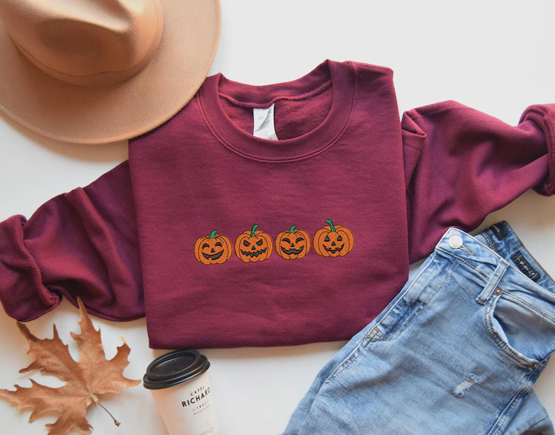 Embroidered Pumpkin Sweatshirt, Embroidered Fall Sweatshirt,Jack-o-Lantern Sweatshirt, Halloween Embroidered Sweatshirt, Spooky Season