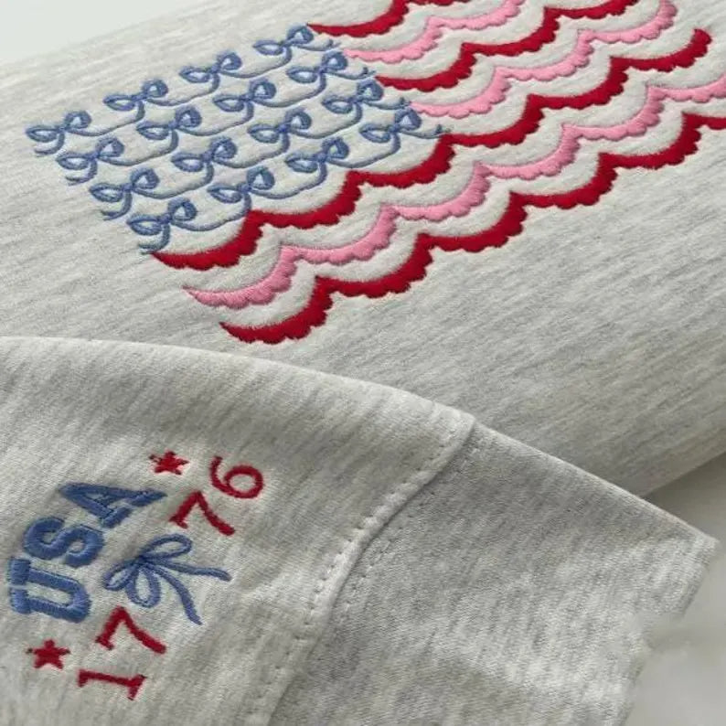 Embroidered USA Flag Sweatshirt | Cute Patriotic 4th of July Crewneck | Vintage Flag Pullover | USA 1776 Embroidery