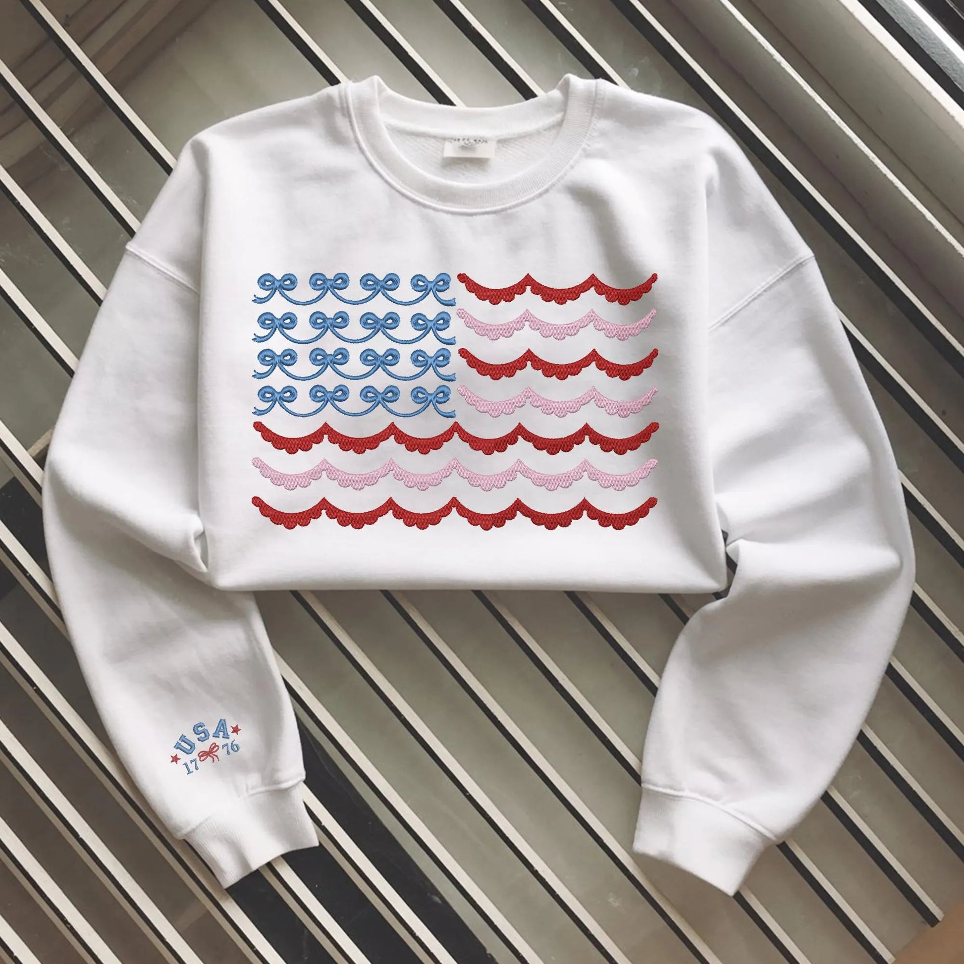 Embroidered USA Flag Sweatshirt | Cute Patriotic 4th of July Crewneck | Vintage Flag Pullover | USA 1776 Embroidery