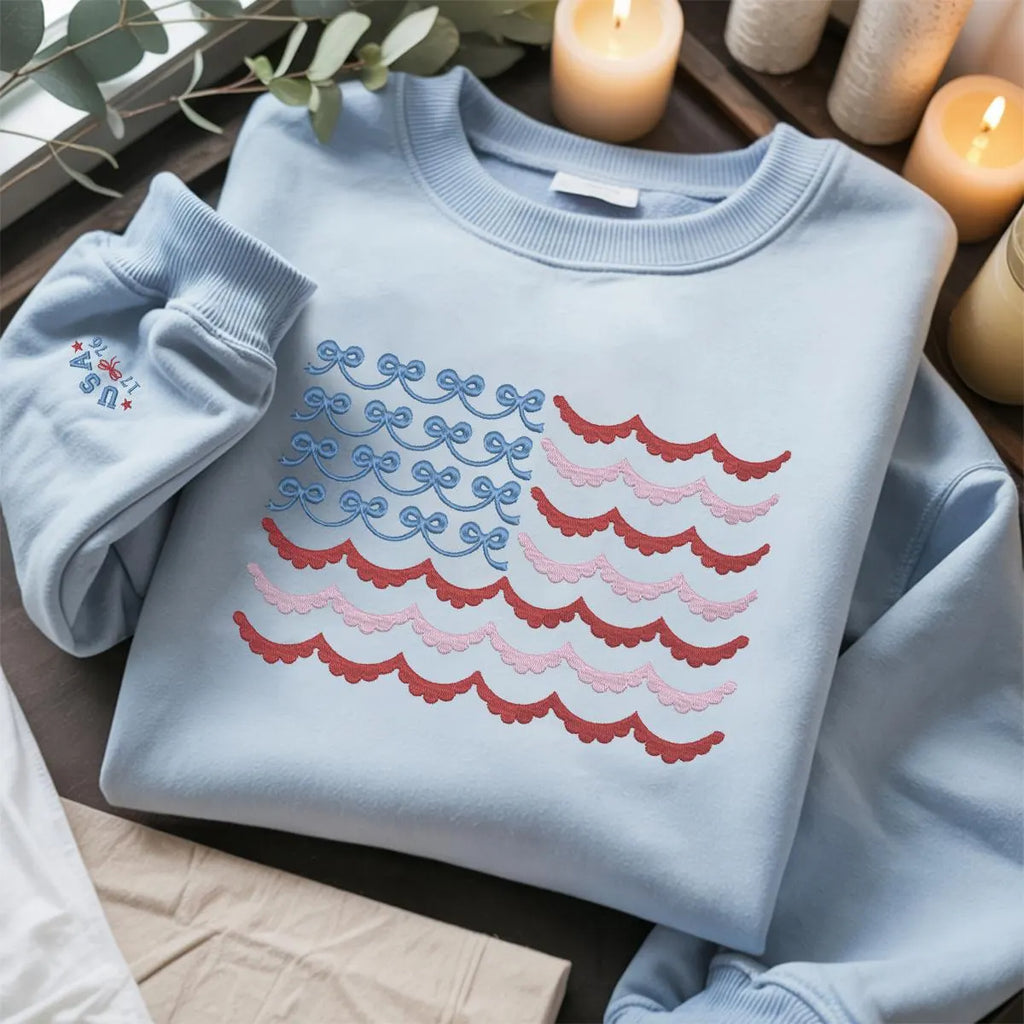 Embroidered USA Flag Sweatshirt | Cute Patriotic 4th of July Crewneck | Vintage Flag Pullover | USA 1776 Embroidery