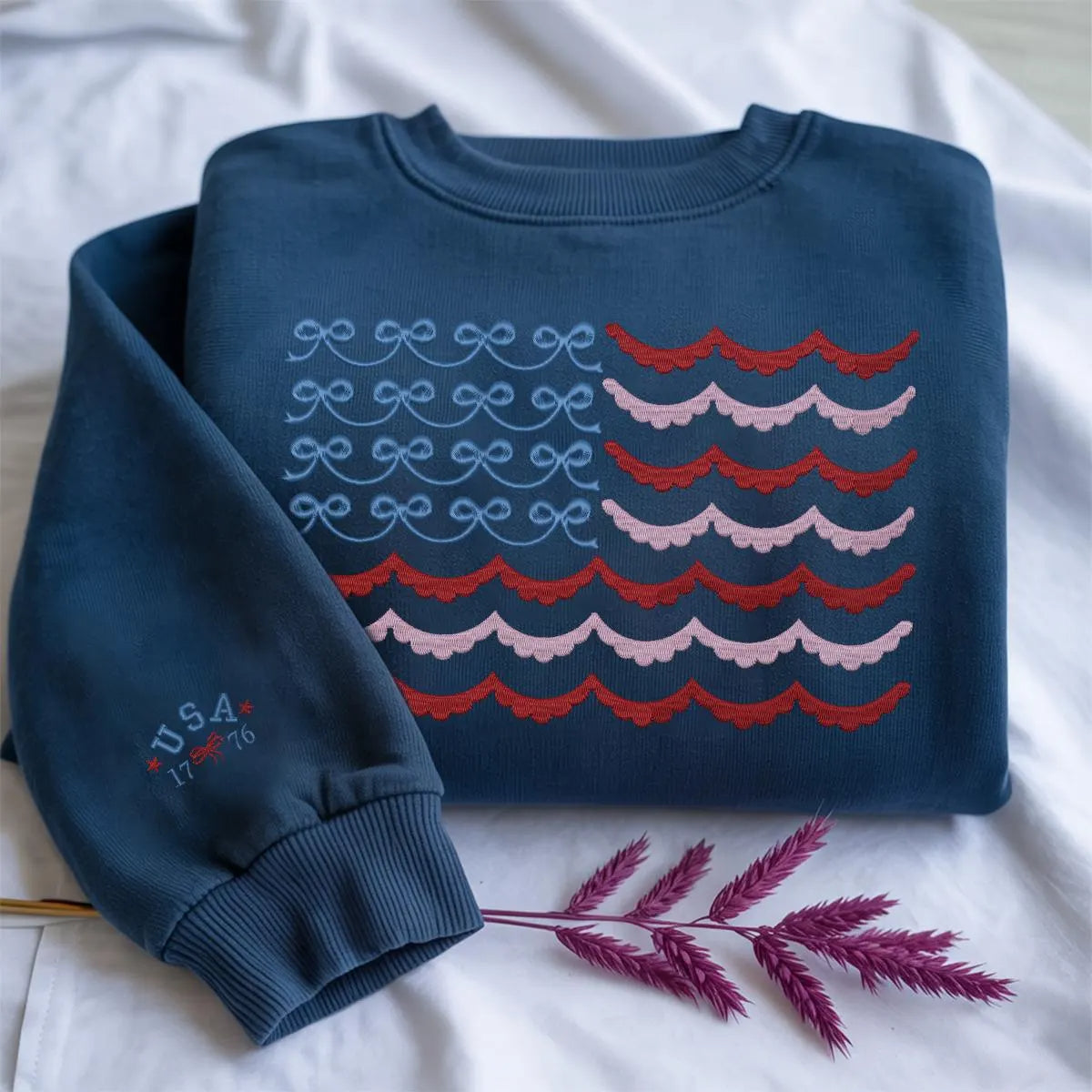 Embroidered USA Flag Sweatshirt | Cute Patriotic 4th of July Crewneck | Vintage Flag Pullover | USA 1776 Embroidery