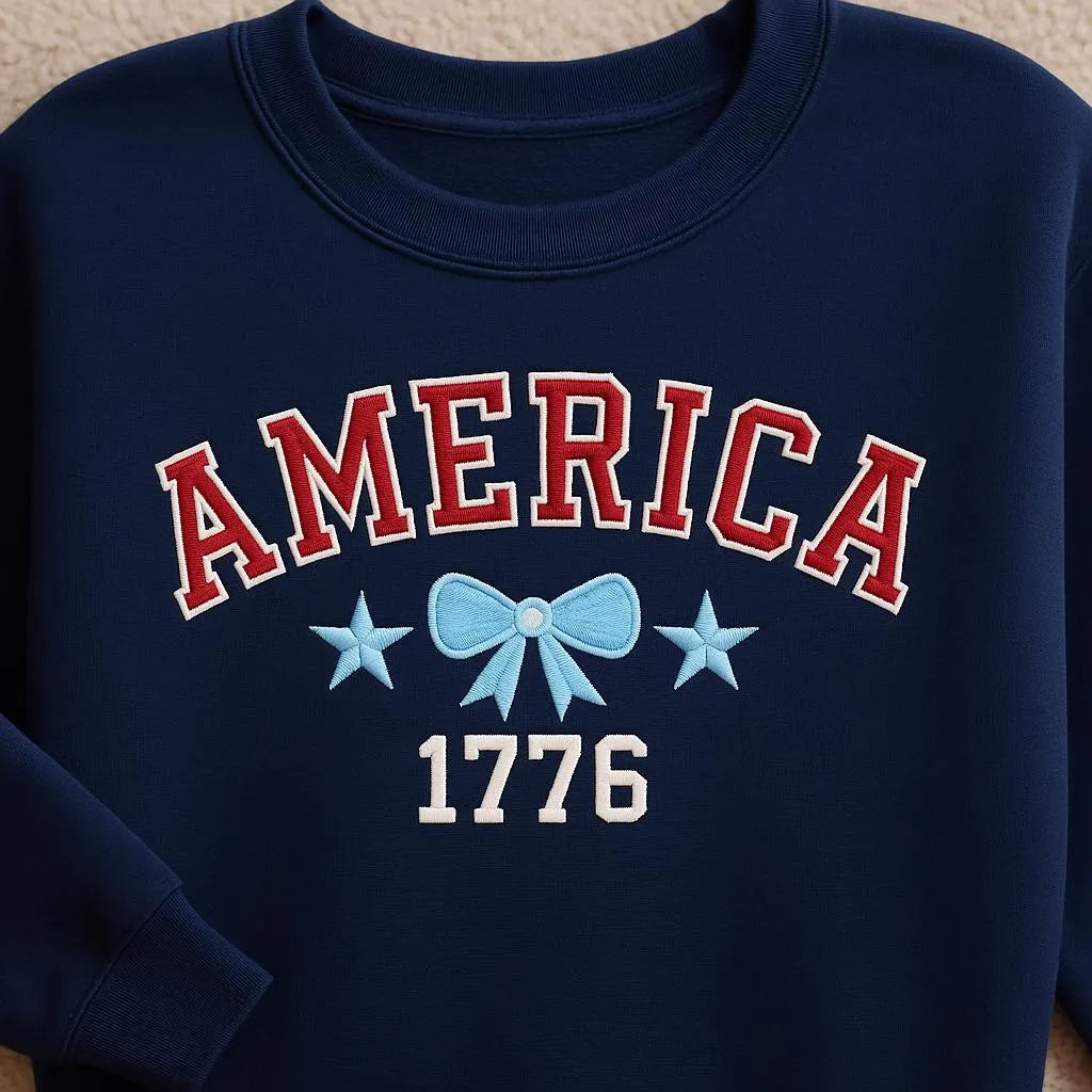 Embroidered Coquette Bow 1776 Sweatshirt | Cute Americana Independence Day, 4th of July Top | Patriotic Cute Top | 4th-Of-July Tee