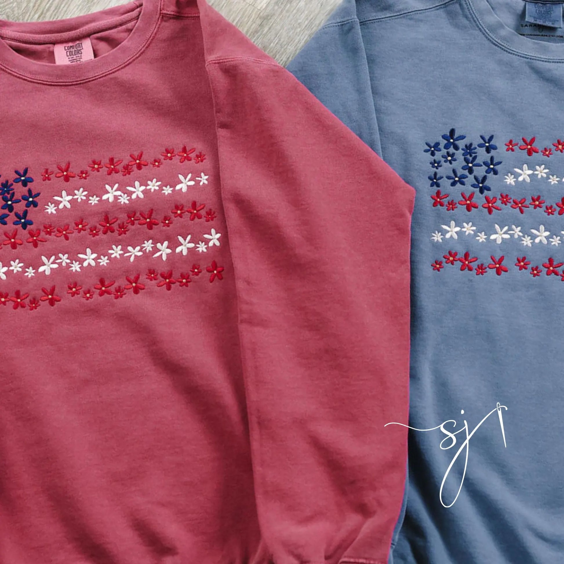 Floral American Flag Embroidered Comfort Colors Crewneck Sweatshirt, Vintage Inspired 4th of July Summer