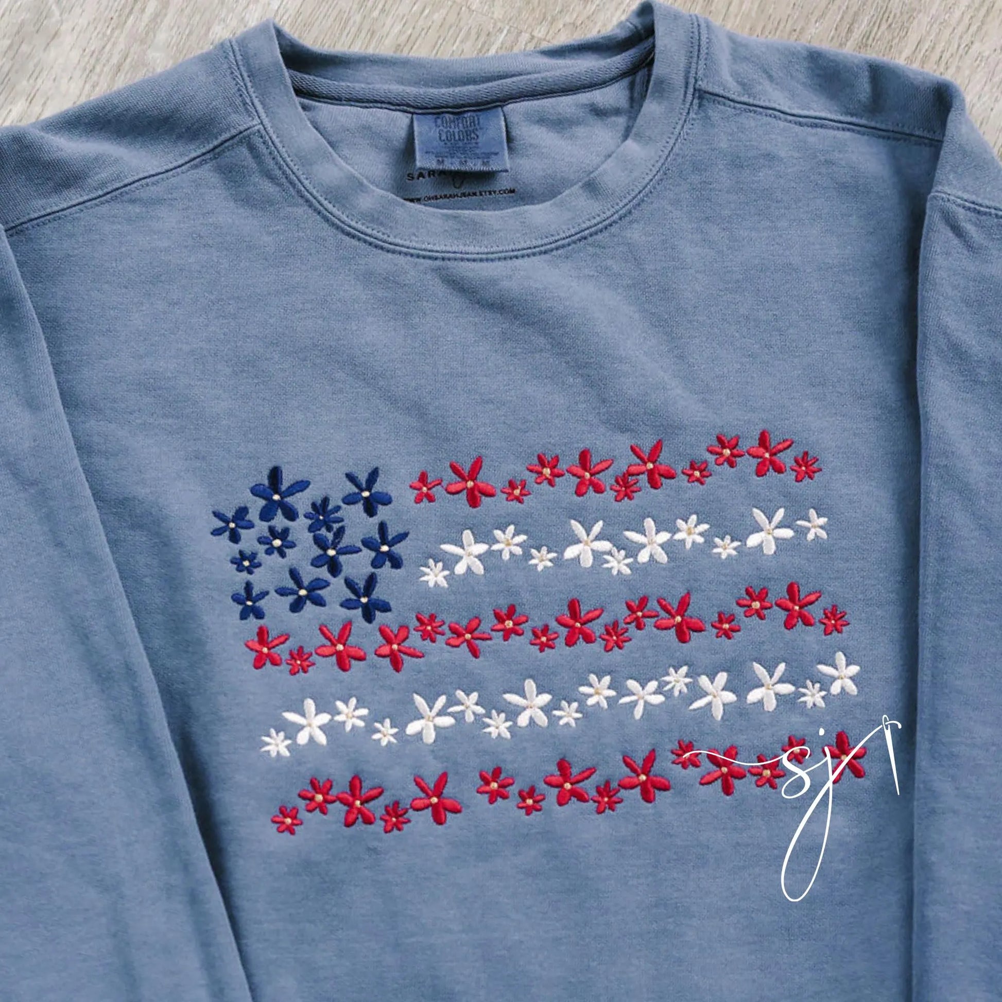 Floral American Flag Embroidered Comfort Colors Crewneck Sweatshirt, Vintage Inspired 4th of July Summer