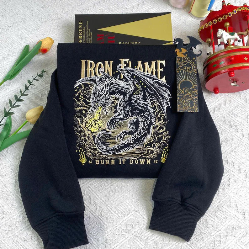 Iron Flame Embroidered Custom Sleeve Hoodie, Fourth Wing Sweatshirt, Basgiath War College Shirt, Dragon Rider,Violt Sorrengail,Rebecca Yoros