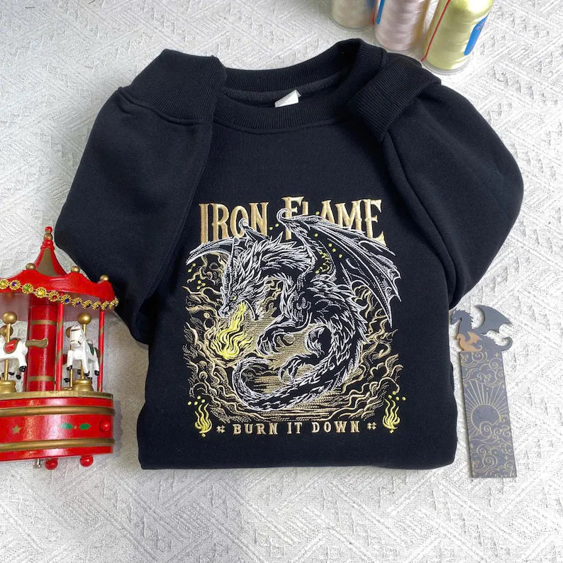 Iron Flame Embroidered Custom Sleeve Hoodie, Fourth Wing Sweatshirt, Basgiath War College Shirt, Dragon Rider,Violt Sorrengail,Rebecca Yoros