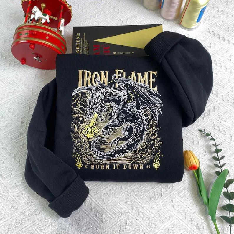 Iron Flame Embroidered Custom Sleeve Hoodie, Fourth Wing Sweatshirt, Basgiath War College Shirt, Dragon Rider,Violt Sorrengail,Rebecca Yoros