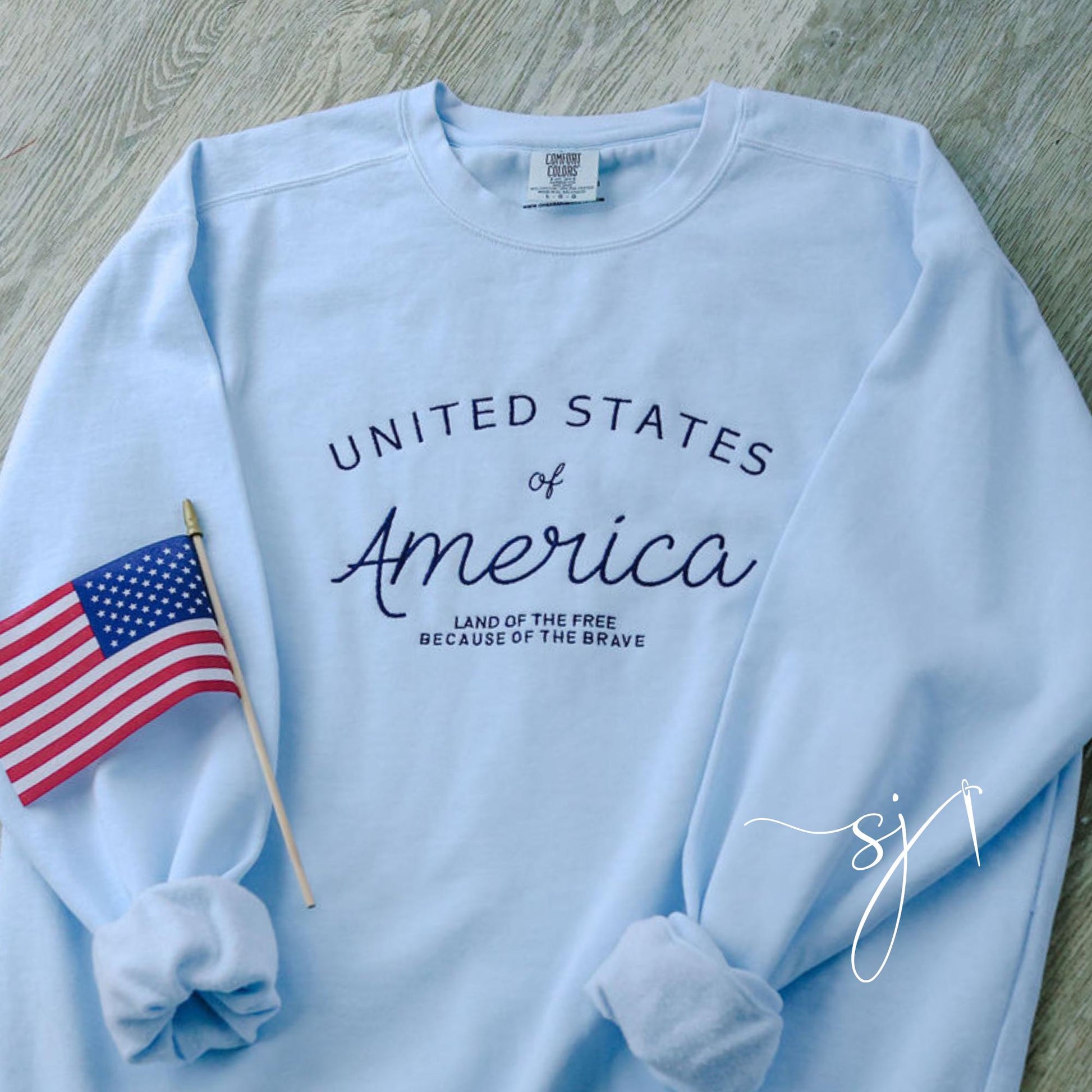United States of America Embroidered Comfort Colors Crewneck Sweatshirt, Vintage Inspired 4th of July Summer, July Fourth Patriotic