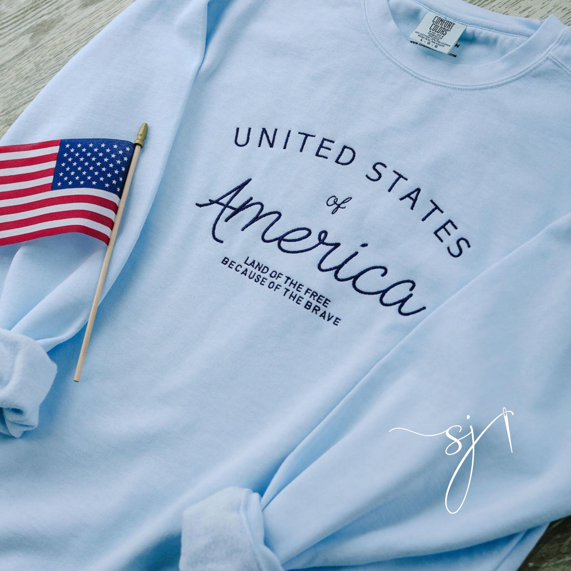 United States of America Embroidered Comfort Colors Crewneck Sweatshirt, Vintage Inspired 4th of July Summer, July Fourth Patriotic