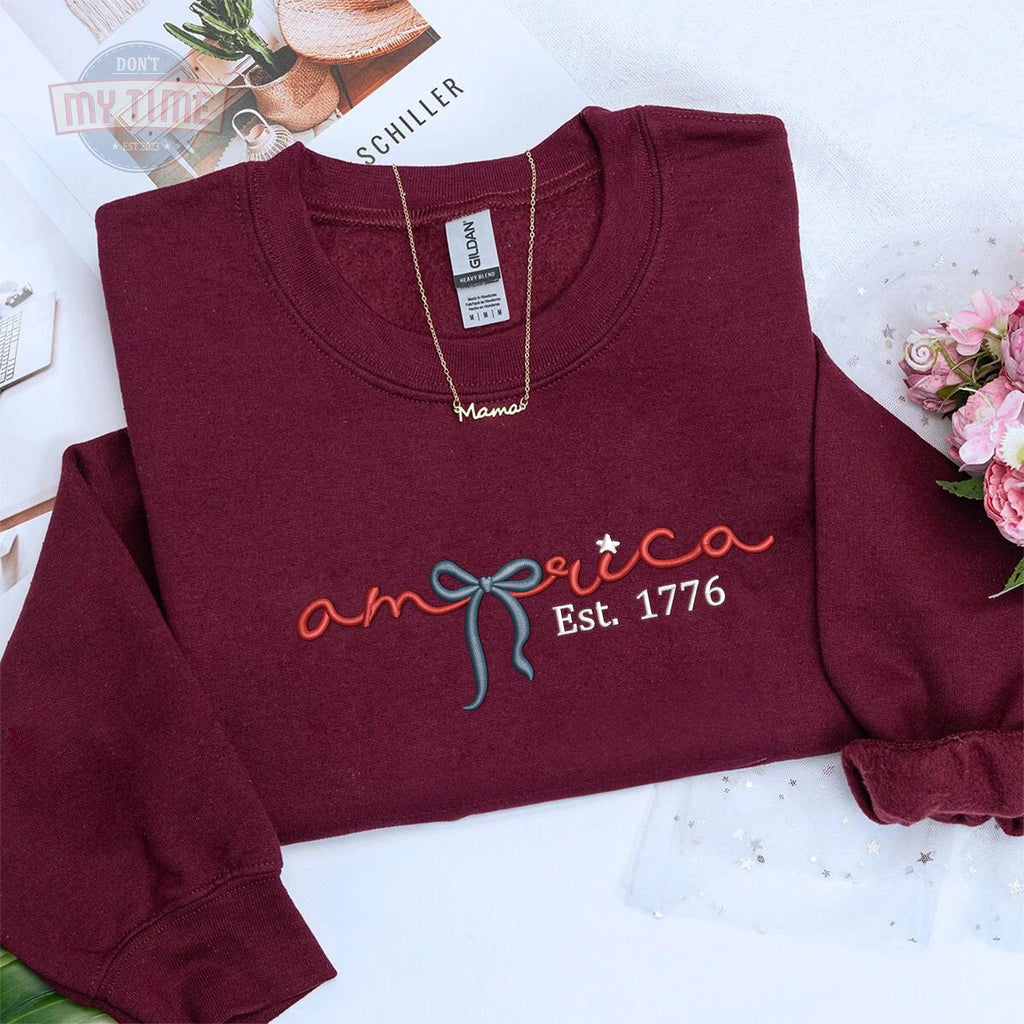 America Coquette Bow Embroidered Sweatshirt, Ribbon Embroidered USA Tee, Since 1776 Coquette Style Embroidered Tee, USA shirt