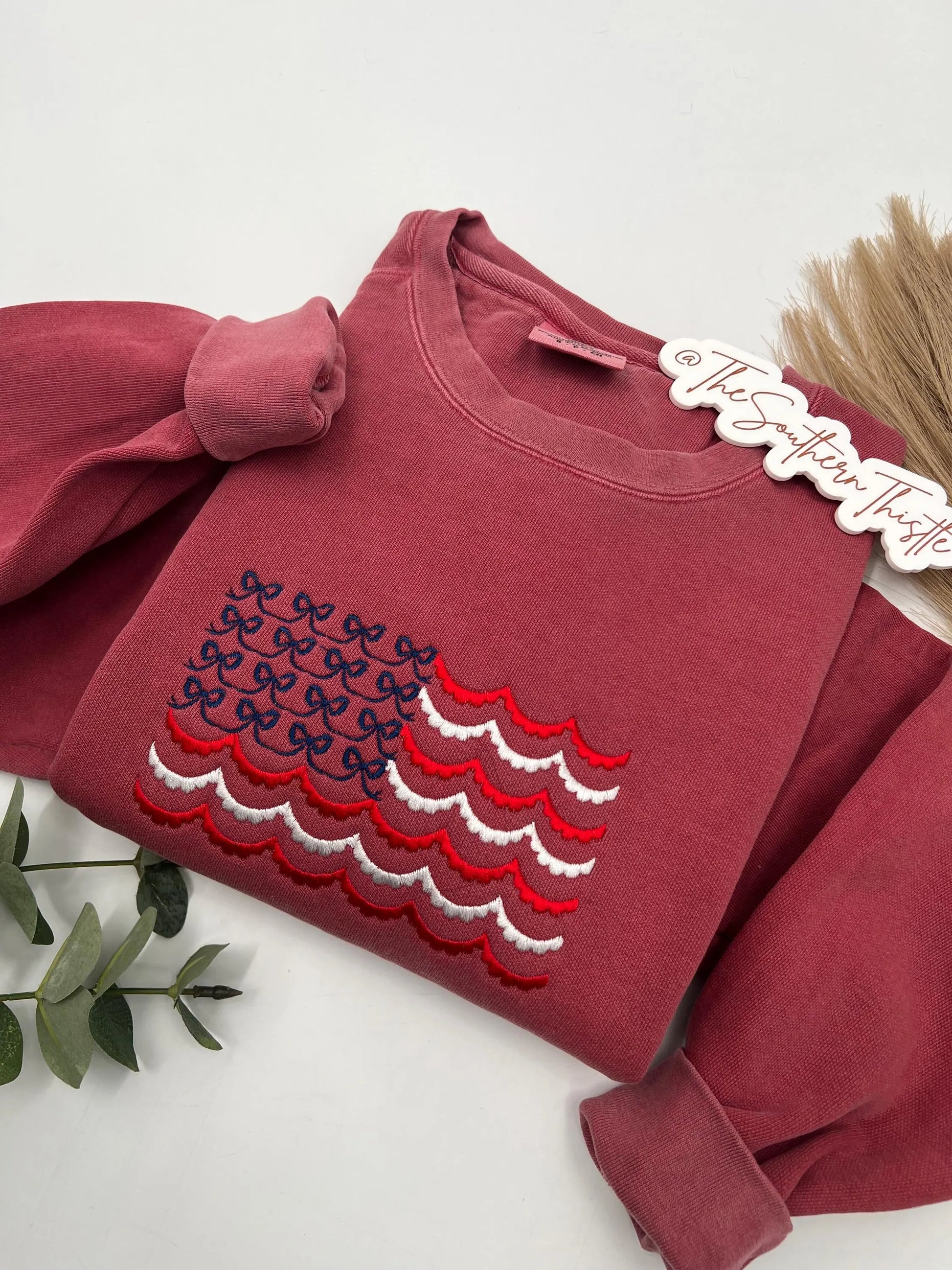 Embroidered USA Bow Sweatshirt, Patriotic Gift for Independence Day, Red White Blue Bow Design, Cozy Apparel