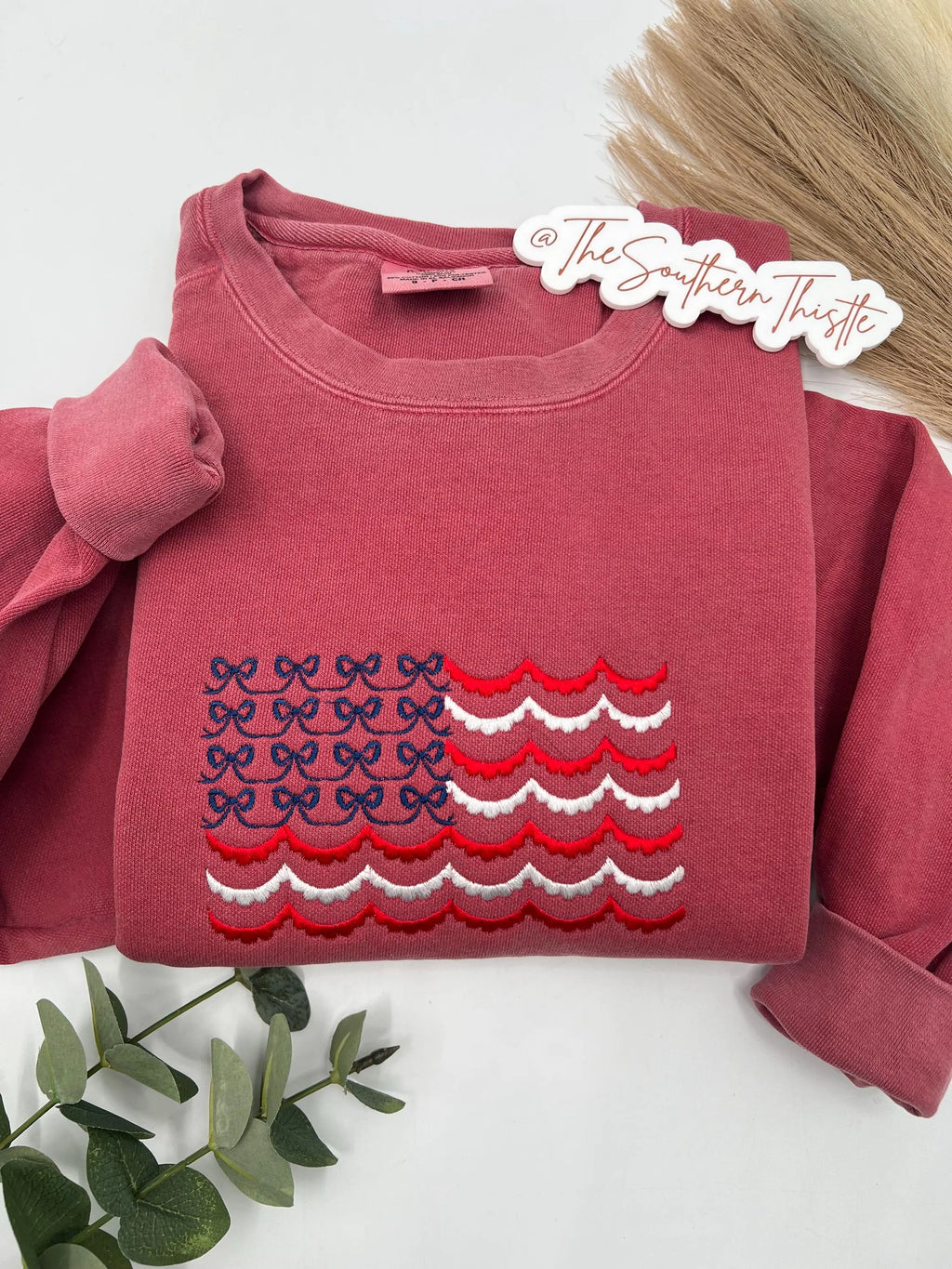 Embroidered USA Bow Sweatshirt, Patriotic Gift for Independence Day, Red White Blue Bow Design, Cozy Apparel