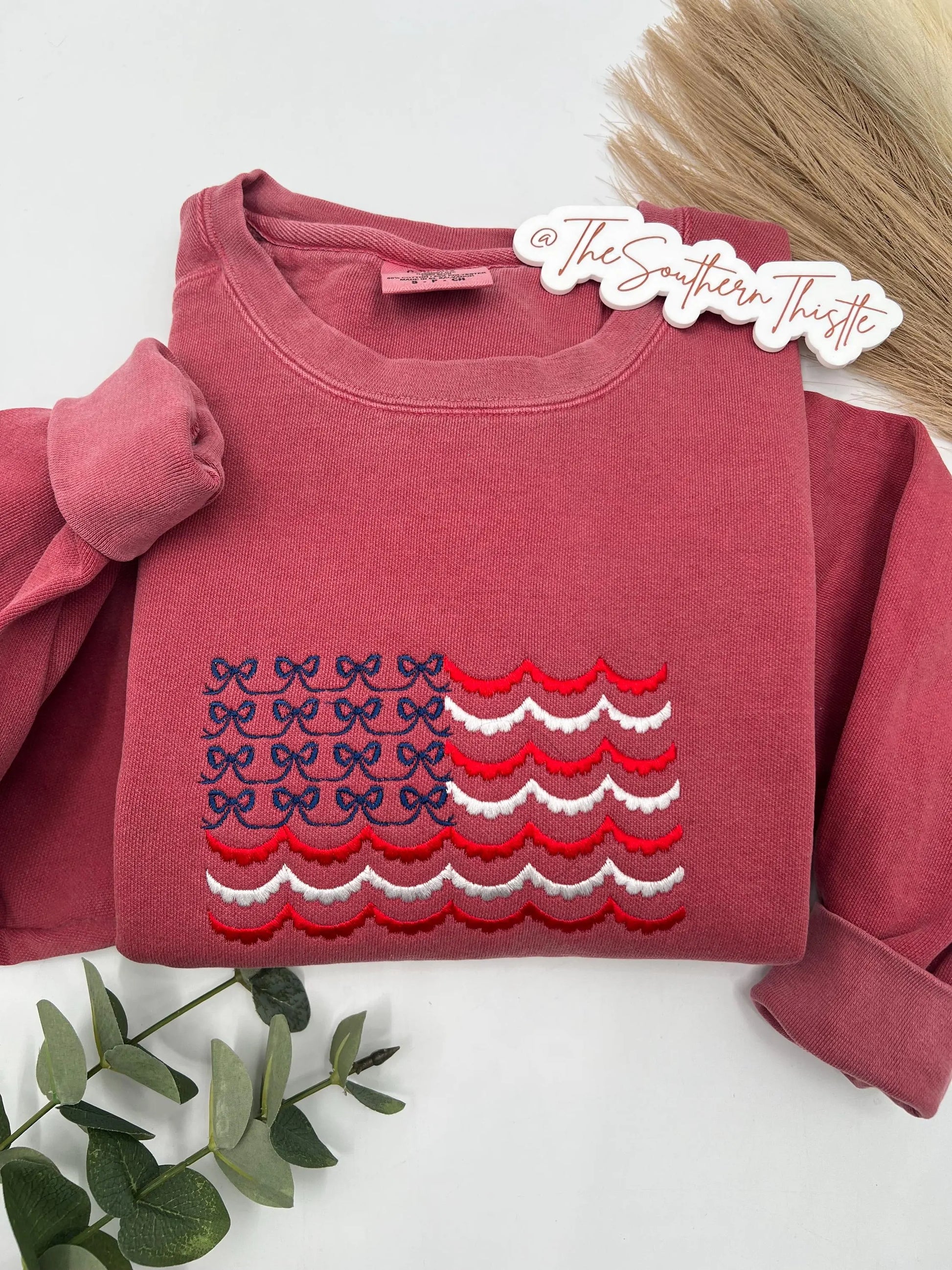 Embroidered USA Bow Sweatshirt, Patriotic Gift for Independence Day, Red White Blue Bow Design, Cozy Apparel