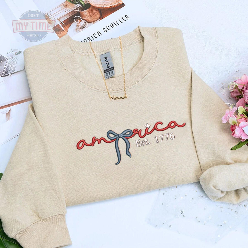 America Coquette Bow Embroidered Sweatshirt, Ribbon Embroidered USA Tee, Since 1776 Coquette Style Embroidered Tee, USA shirt