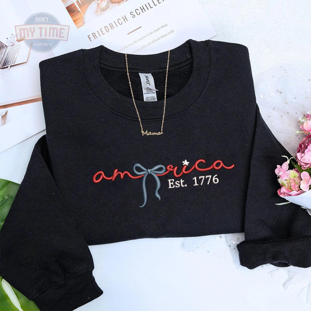 America Coquette Bow Embroidered Sweatshirt, Ribbon Embroidered USA Tee, Since 1776 Coquette Style Embroidered Tee, USA shirt