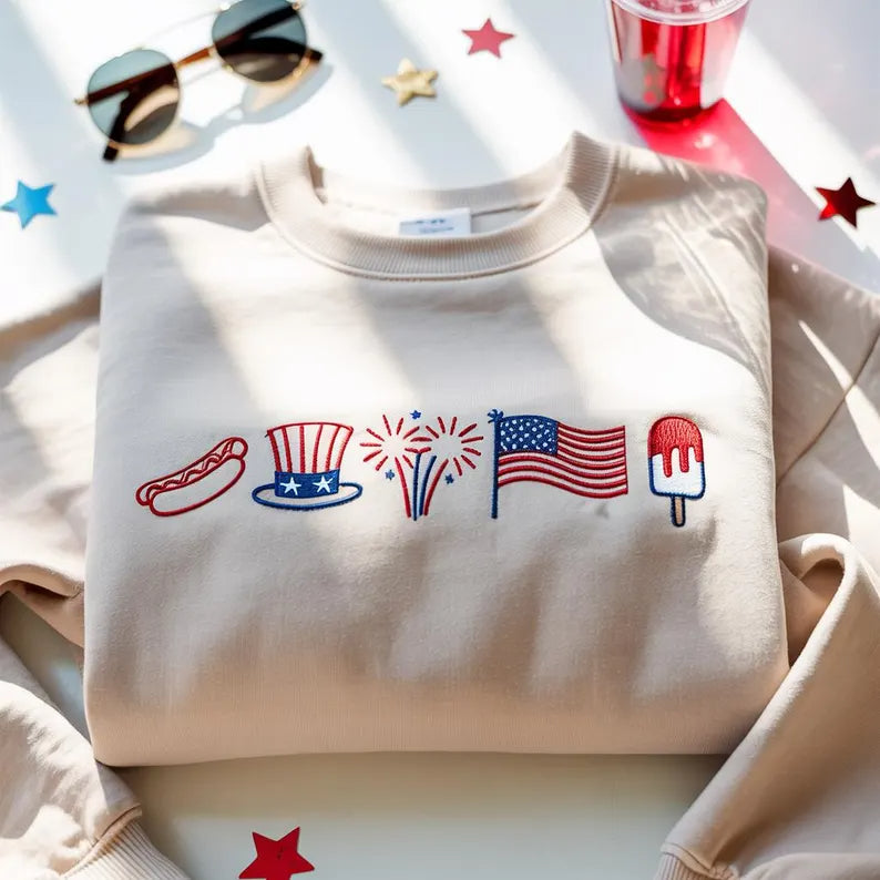 Patriotic Embroidered Symbols Sweatshirt – Americana Icons 4th of July Crewneck, America T-Shirt, Retro Fourth Of July Shirt