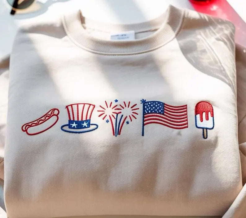 Patriotic Embroidered Symbols Sweatshirt – Americana Icons 4th of July Crewneck, America T-Shirt, Retro Fourth Of July Shirt