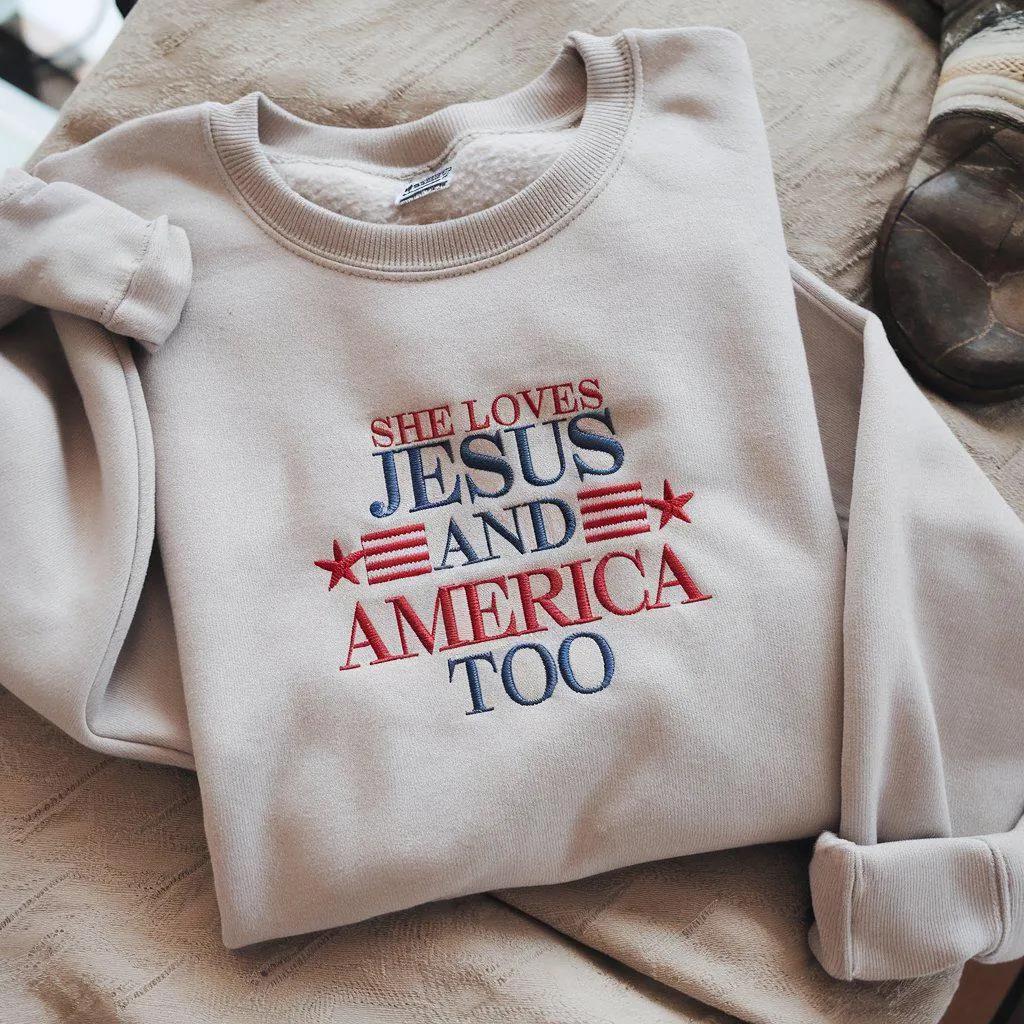 She Loves Jesus and America Too Sweatshirt, Patriotic Christian Embroidered Crewneck, Faith and Freedom Shirt