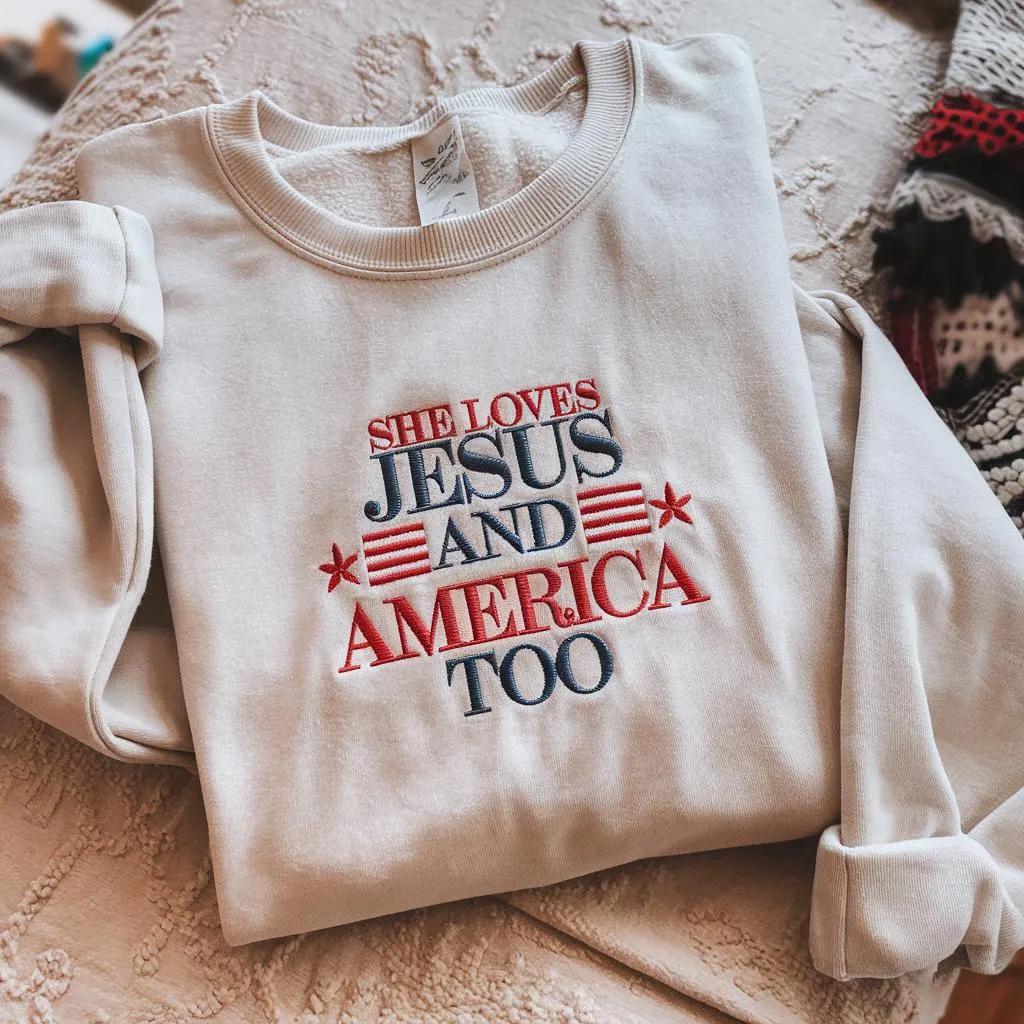 She Loves Jesus and America Too Sweatshirt, Patriotic Christian Embroidered Crewneck, Faith and Freedom Shirt