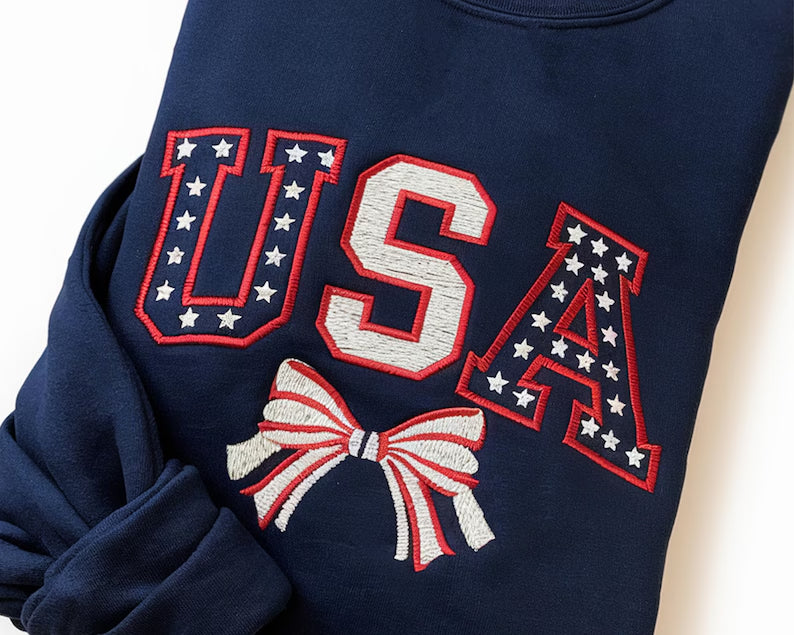 USA 4th Of July Embroidery Sweatshirt, USA Embroidery Shirt, Patriotic Tee, American Flag and Dainty Bow Embroidered Crewneck
