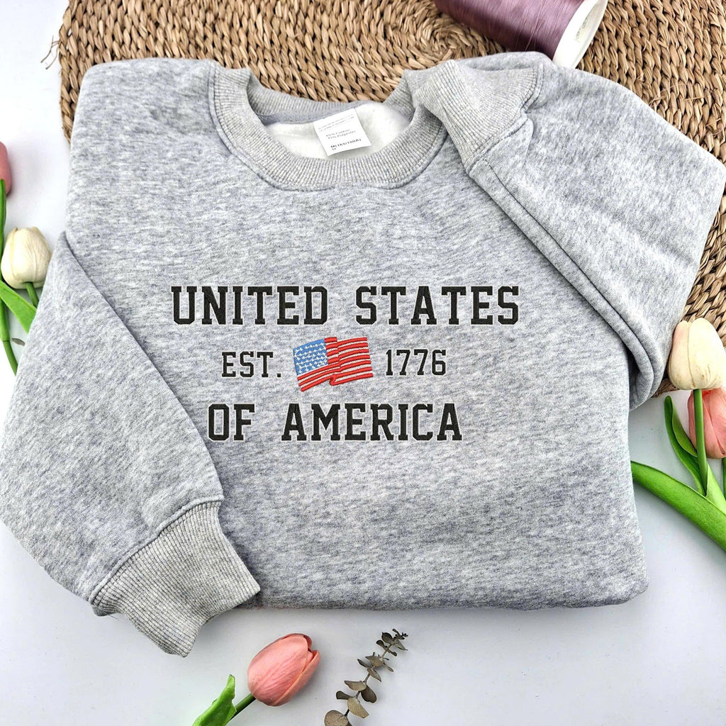 United States Of America Embroider Sweatshirt, Embroidered USA ShirtIndependence Red White Blue United States American