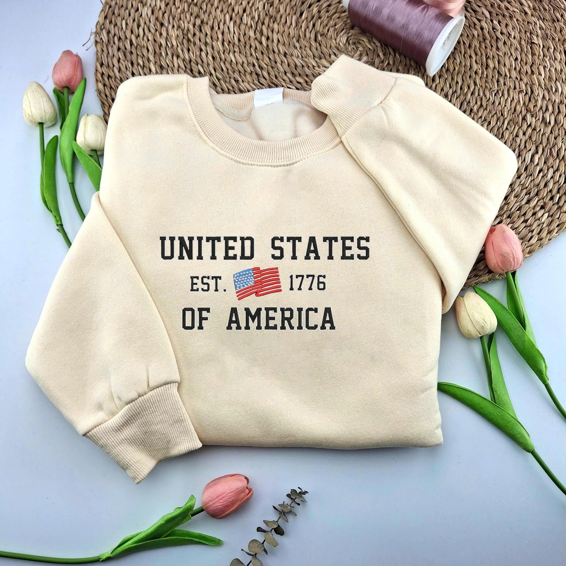 United States Of America Embroider Sweatshirt, Embroidered USA ShirtIndependence Red White Blue United States American