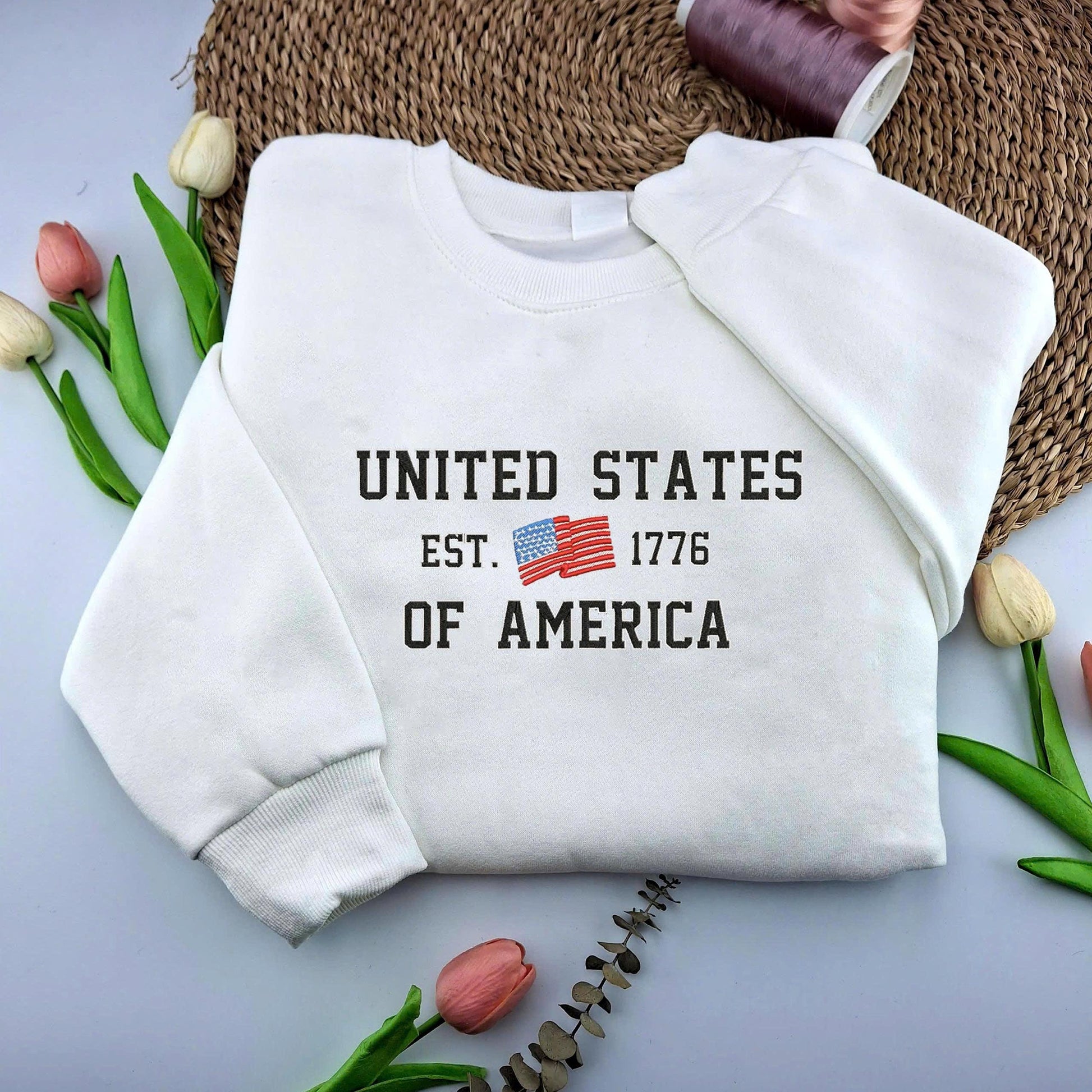United States Of America Embroider Sweatshirt, Embroidered USA ShirtIndependence Red White Blue United States American