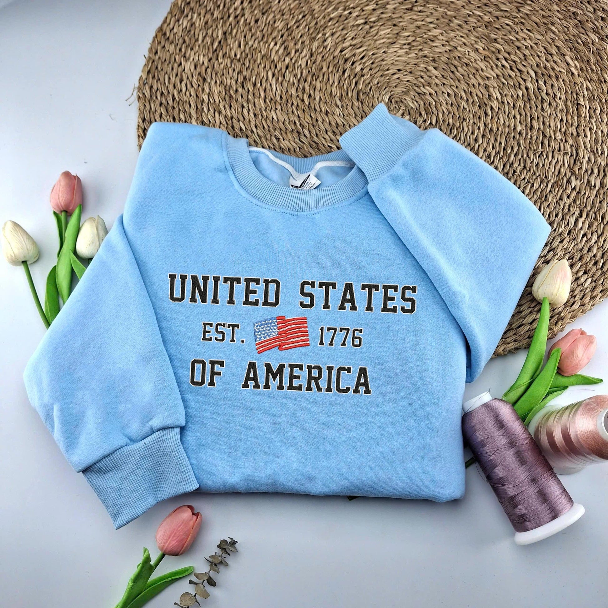 United States Of America Embroider Sweatshirt, Embroidered USA ShirtIndependence Red White Blue United States American