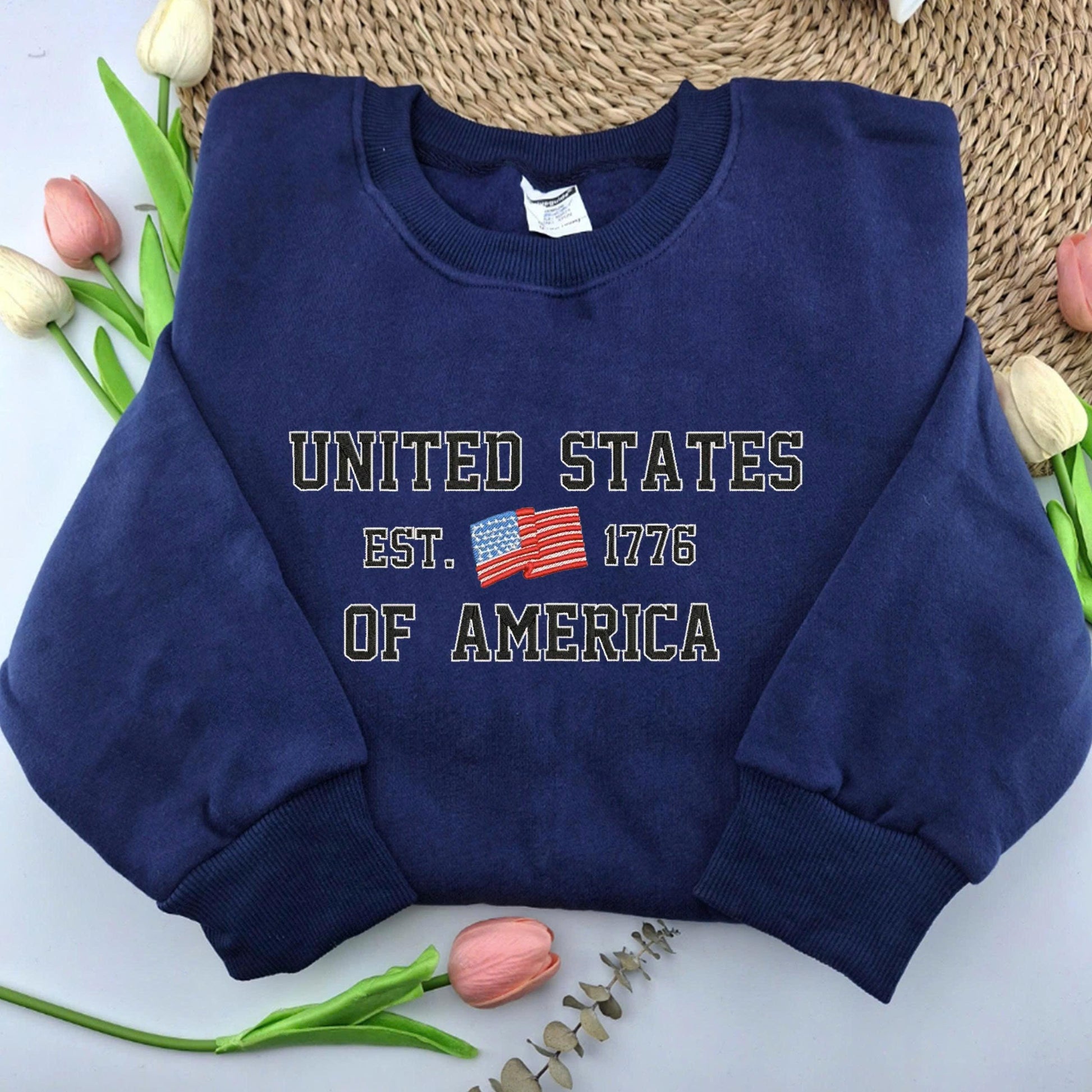 United States Of America Embroider Sweatshirt, Embroidered USA ShirtIndependence Red White Blue United States American