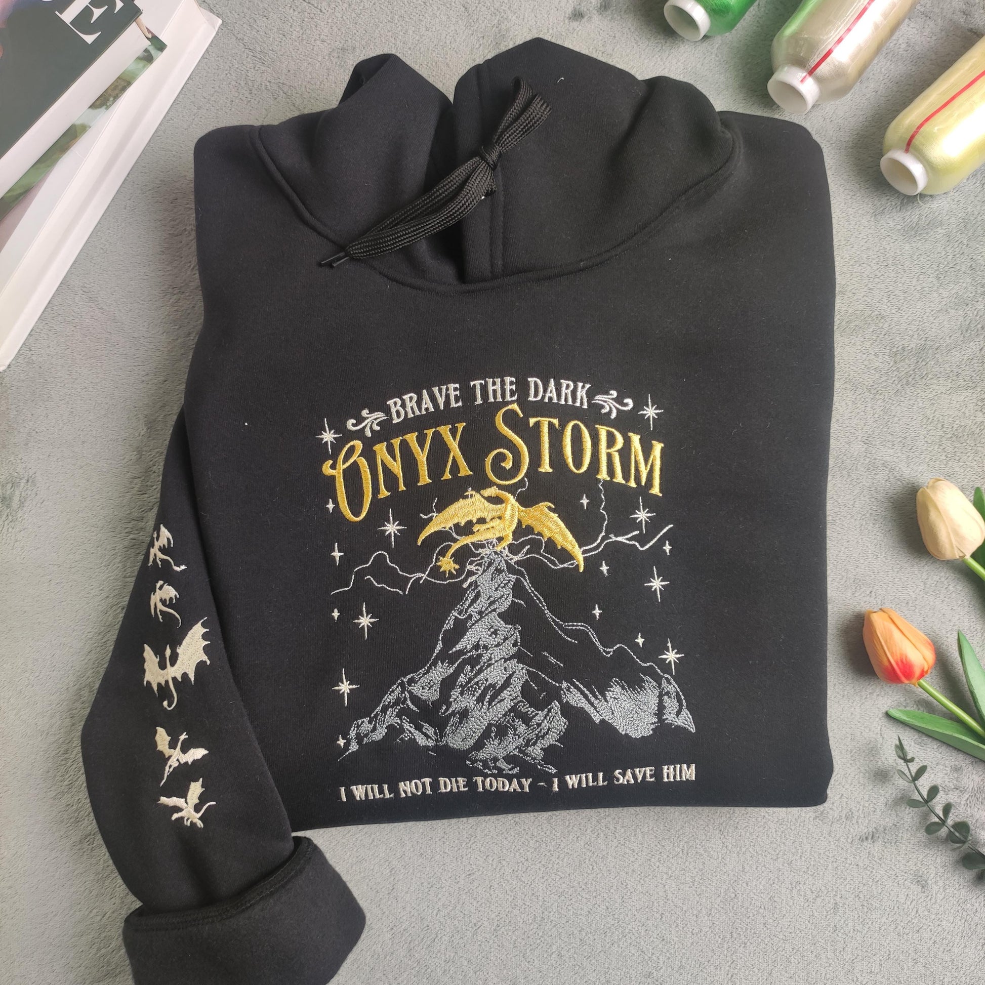 Onyx Storm Brave The Dark Embroidered Sweatshirt, Fourth Wingg Embroidered Hoodie, Basgiath War Collegee Embroidered Shirt