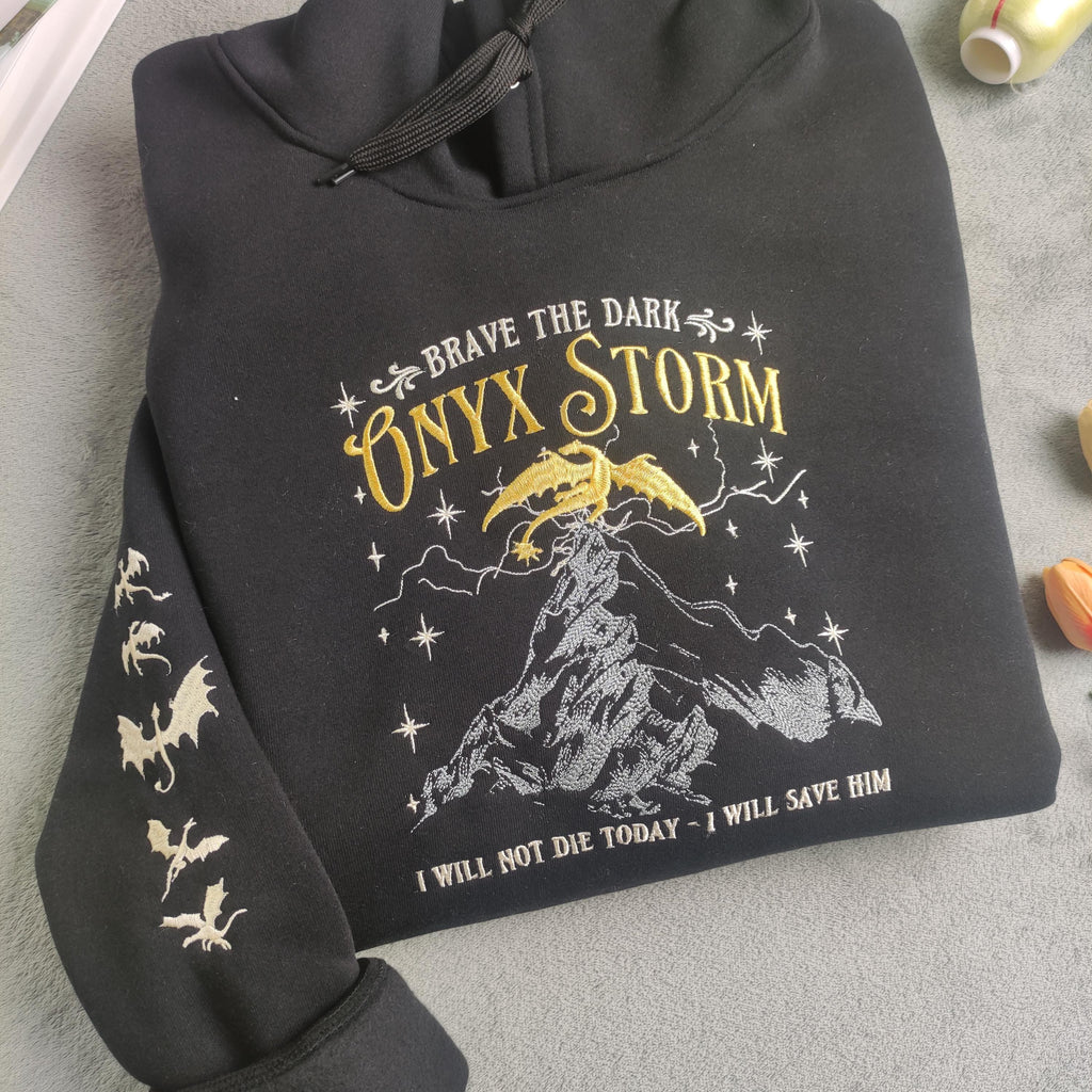 Onyx Storm Brave The Dark Embroidered Sweatshirt, Fourth Wingg Embroidered Hoodie, Basgiath War Collegee Embroidered Shirt