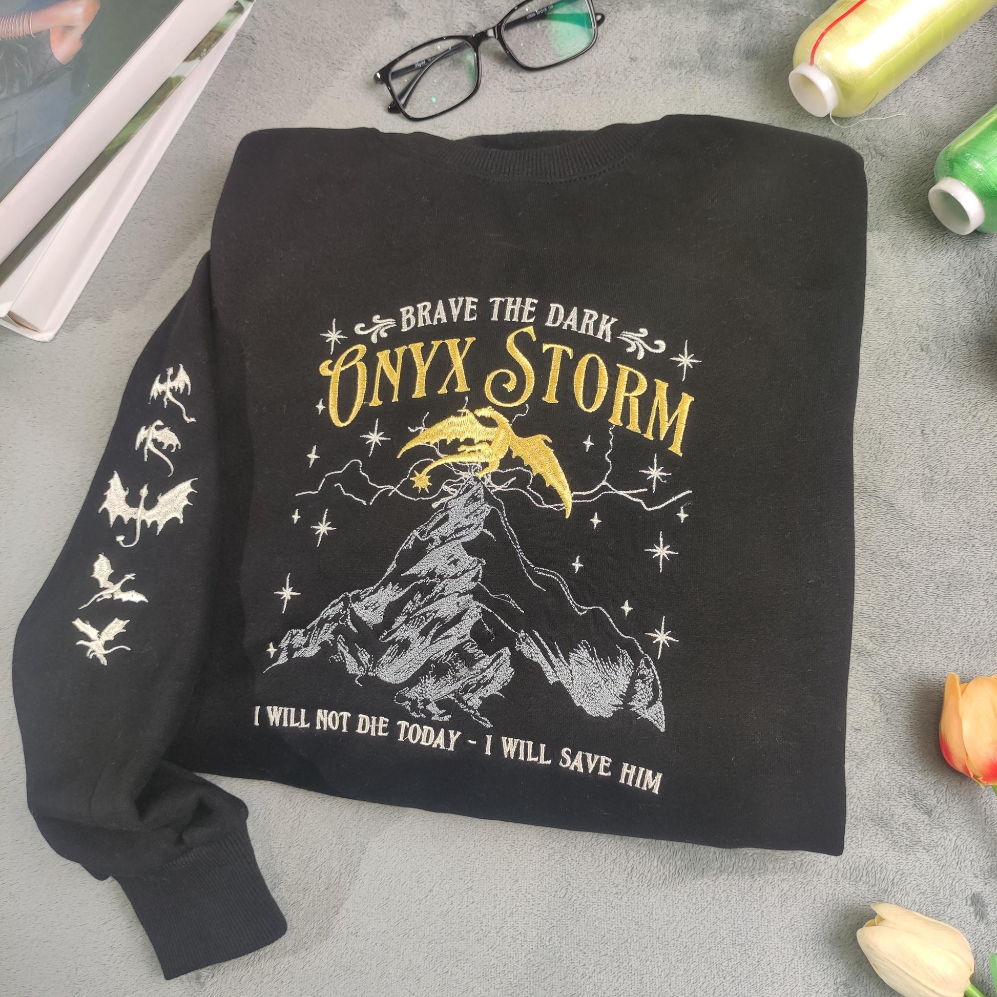 Onyx Storm Brave The Dark Embroidered Sweatshirt, Fourth Wingg Embroidered Hoodie, Basgiath War Collegee Embroidered Shirt